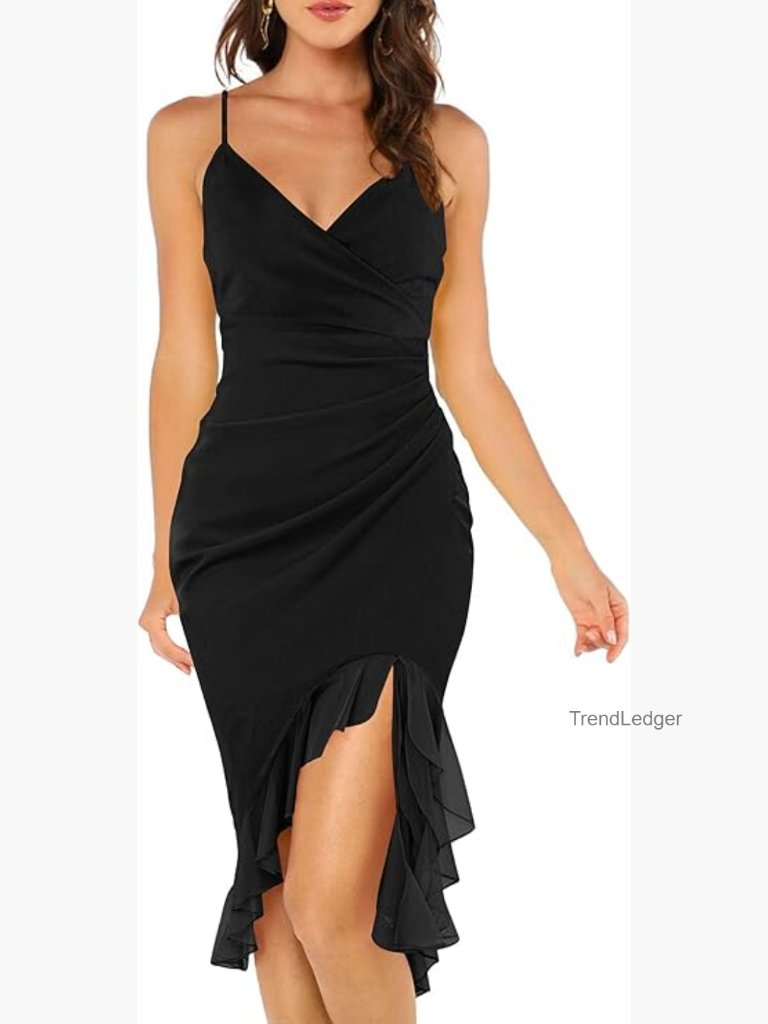 Stunning Wrap V Neck Ruched Bodycon Midi Dress With Ruffle Hem